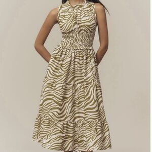 NWT By Anthropologie Sleeveless Poplin Smocked Midi Dress Zebra Green White 2X
